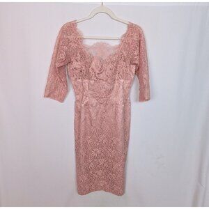 Vintage 1950s Emma Domb Sz. 14 Floral Lace Sheath Tea Dress Illusion Sleeves